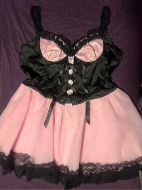 Dolls Kill Black and Pink Satin Lace-Up Babydoll Chemise